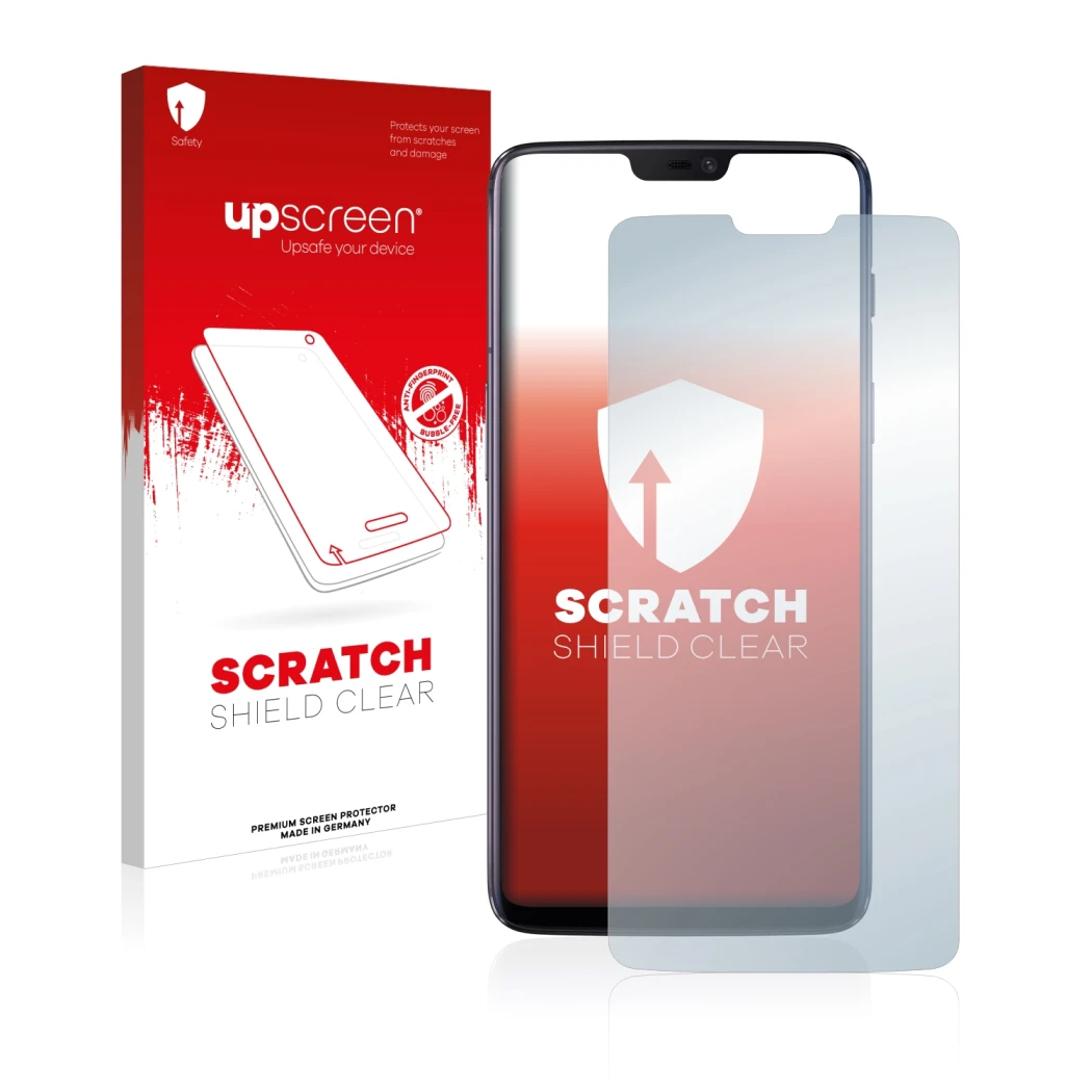 Parte frontal de un envase de producto con el logotipo de la marca upscreen. Al lado se muestra el dispositivo OnePlus 6 con s