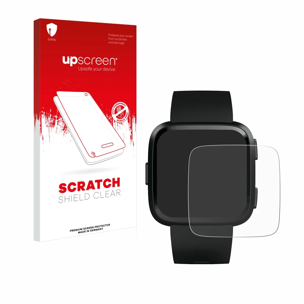 Parte frontal de un envase de producto con el logotipo de la marca upscreen. Al lado se muestra el dispositivo Fitbit Versa co