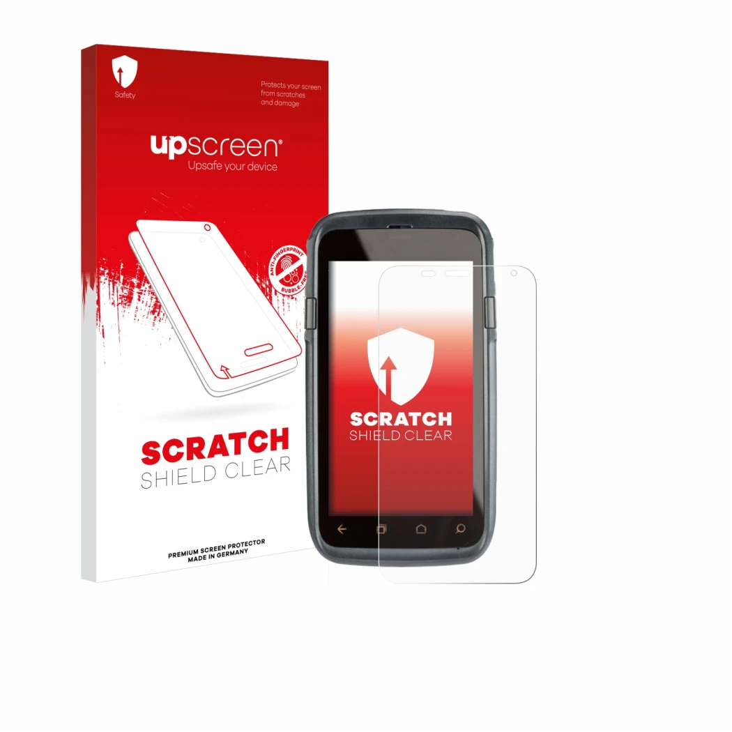 Parte frontal de un envase de producto con el logotipo de la marca upscreen. Al lado se muestra el dispositivo Honeywell Dolph