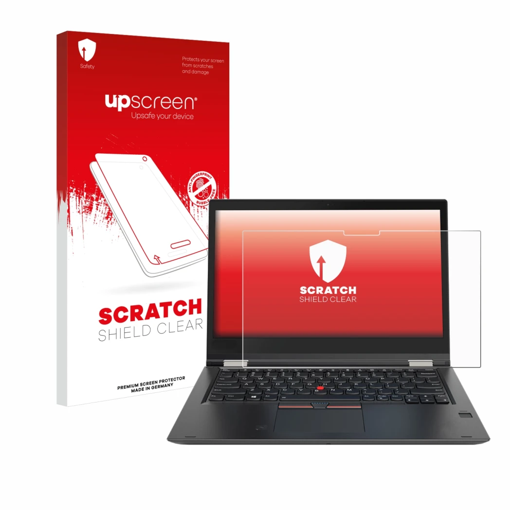 Parte frontal de un envase de producto con el logotipo de la marca upscreen. Al lado se muestra el dispositivo Lenovo ThinkPad