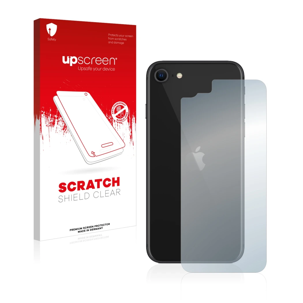 Parte frontal de un envase de producto con el logotipo de la marca upscreen. Al lado se muestra el dispositivo Apple iPhone SE