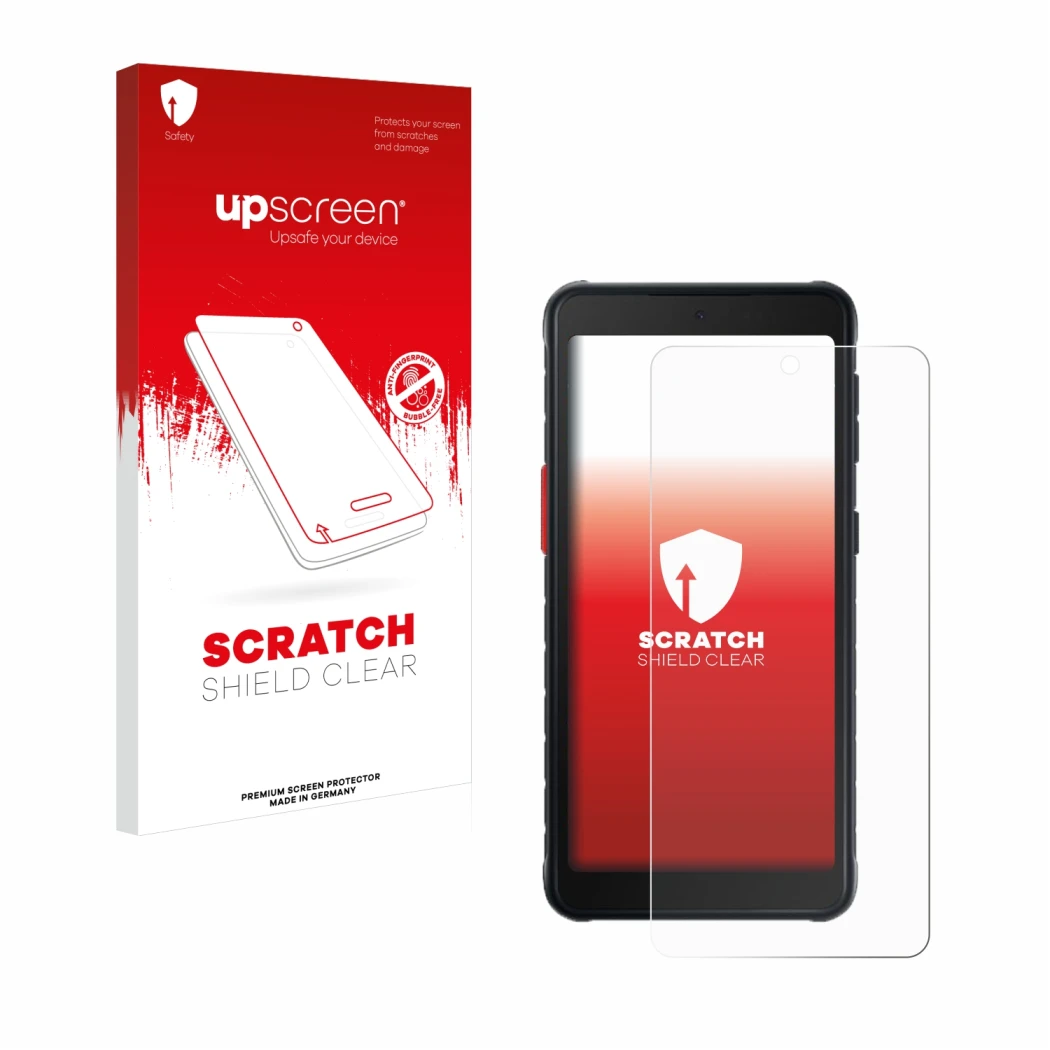 Parte frontal de un envase de producto con el logotipo de la marca upscreen. Al lado se muestra el dispositivo Samsung Galaxy 