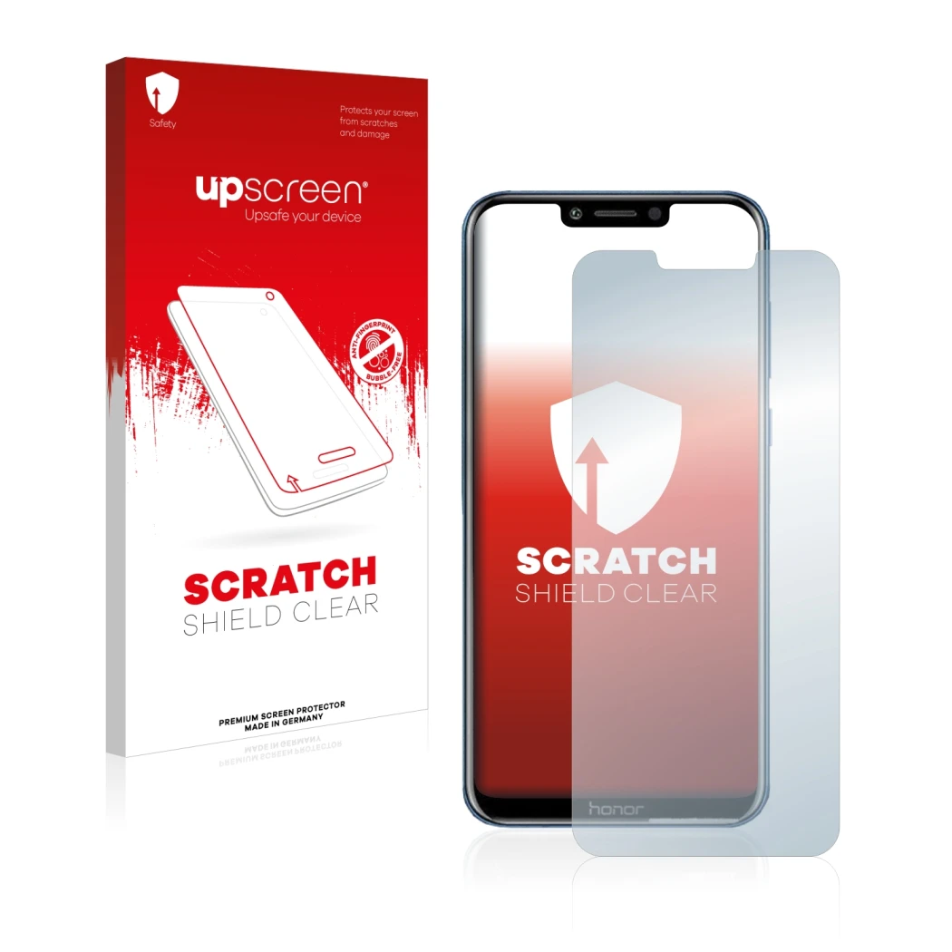 Parte frontal de un envase de producto con el logotipo de la marca upscreen. Al lado se muestra el dispositivo Honor Play con