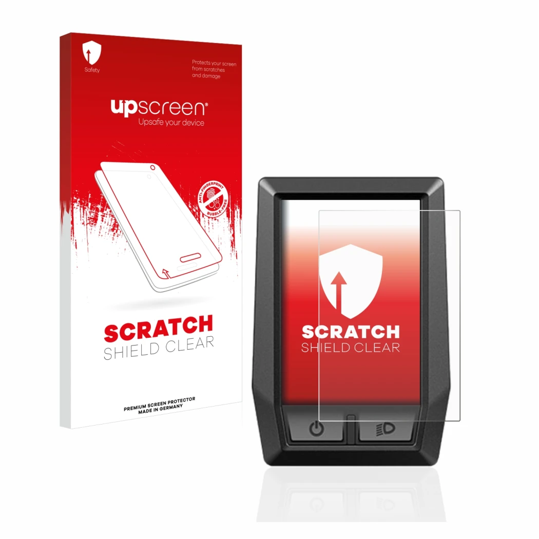 Parte frontal de un envase de producto con el logotipo de la marca upscreen. Al lado se muestra el dispositivo Bosch Kiox con 