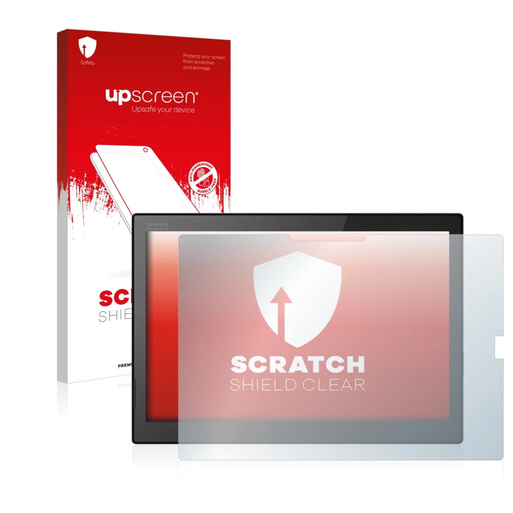 Parte frontal de un envase de producto con el logotipo de la marca upscreen. Al lado se muestra el dispositivo Lenovo ThinkPad