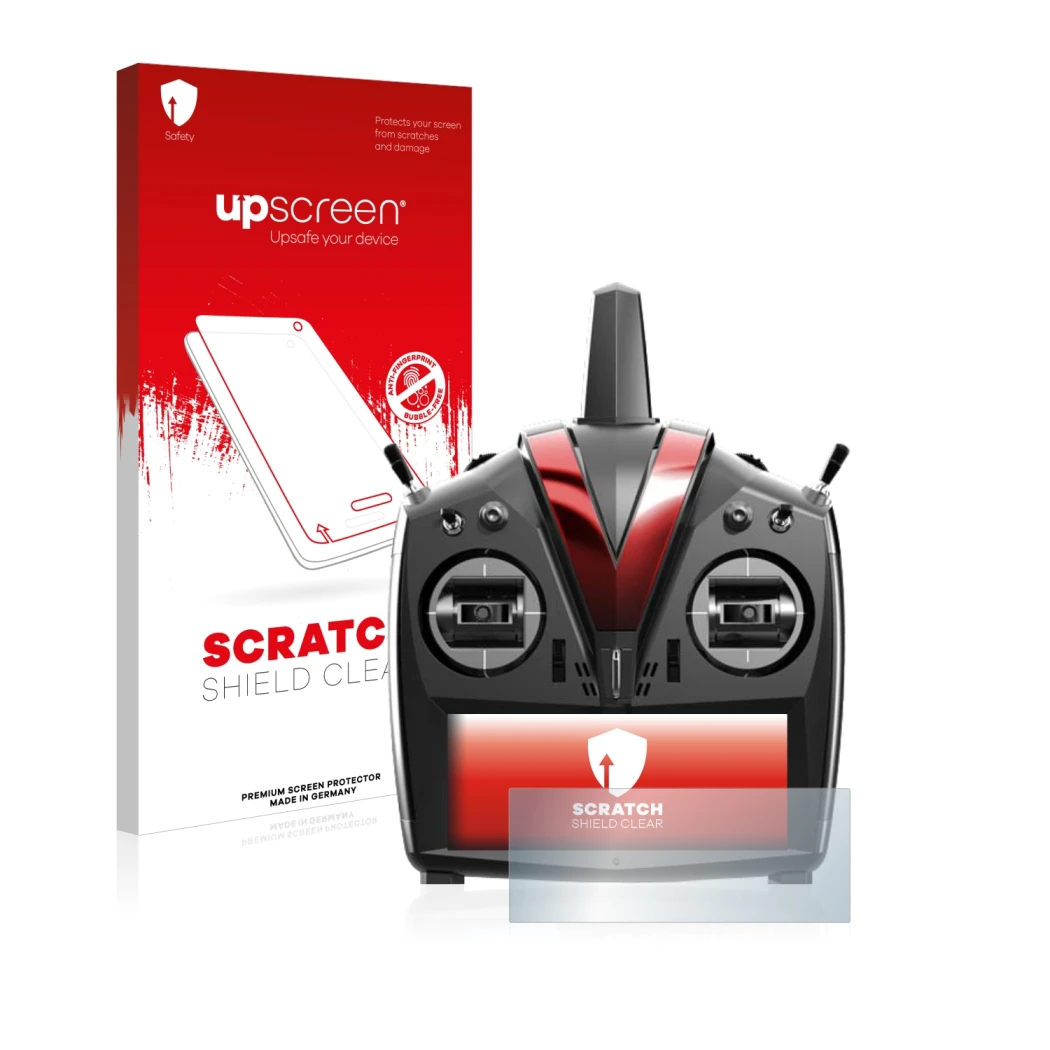 Parte frontal de un envase de producto con el logotipo de la marca upscreen. Al lado se muestra el dispositivo VBar Control To