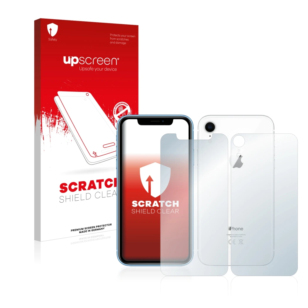 Parte frontal de un envase de producto con el logotipo de la marca upscreen. Al lado se muestra el dispositivo Apple iPhone XR