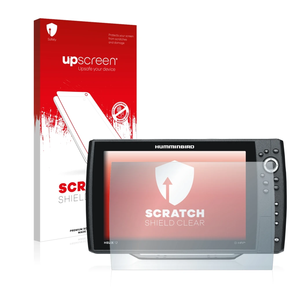 Parte frontal de un envase de producto con el logotipo de la marca upscreen. Al lado se muestra el dispositivo Humminbird Heli