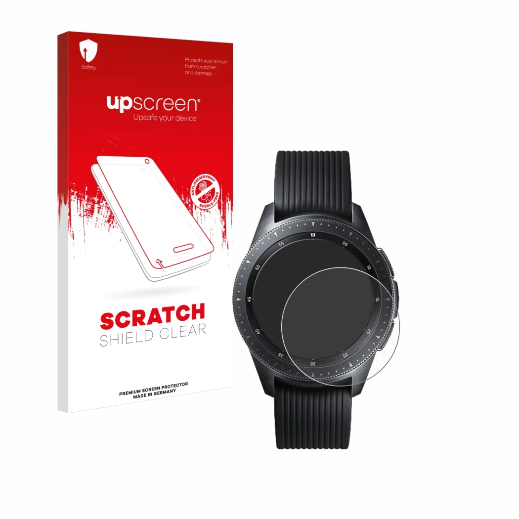 Parte frontal de un envase de producto con el logotipo de la marca upscreen. Al lado se muestra el dispositivo Samsung Galaxy