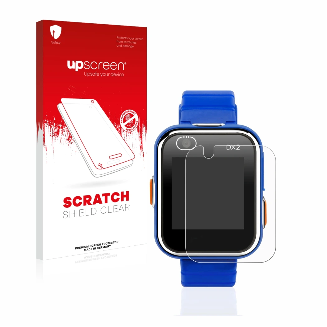 Parte frontal de un envase de producto con el logotipo de la marca upscreen. Al lado se muestra el dispositivo Vtech Kidizoom