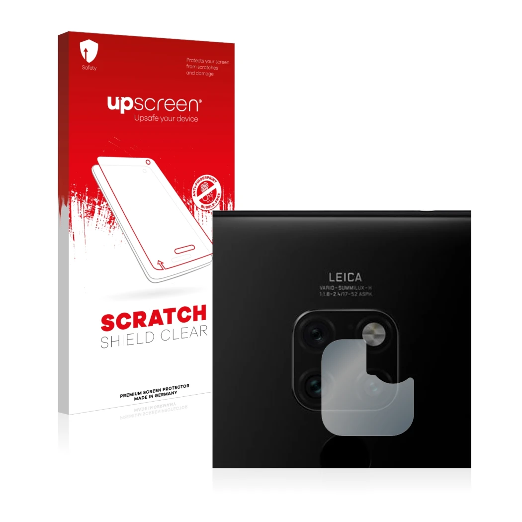 Parte frontal de un envase de producto con el logotipo de la marca upscreen. Al lado se muestra el dispositivo Huawei Mate 20