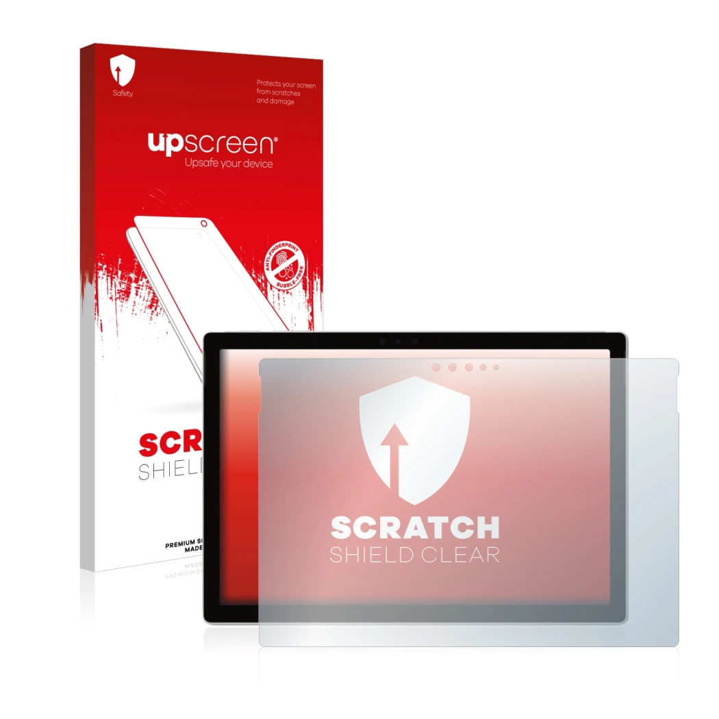 Parte frontal de un envase de producto con el logotipo de la marca upscreen. Al lado se muestra el dispositivo Microsoft Surfa