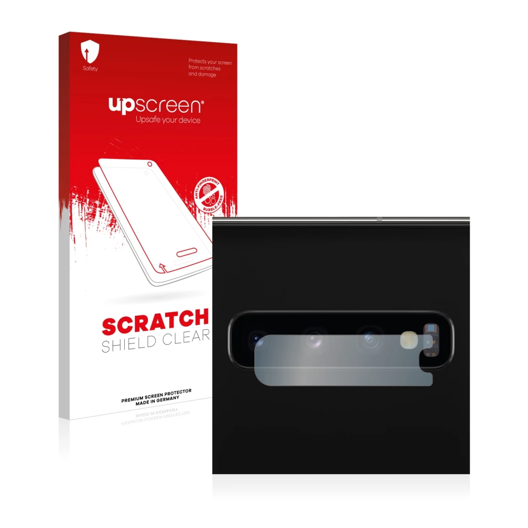 Parte frontal de un envase de producto con el logotipo de la marca upscreen. Al lado se muestra el dispositivo Samsung Galaxy 