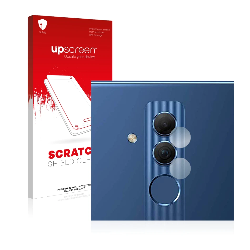 Parte frontal de un envase de producto con el logotipo de la marca upscreen. Al lado se muestra el dispositivo Huawei Mate 20