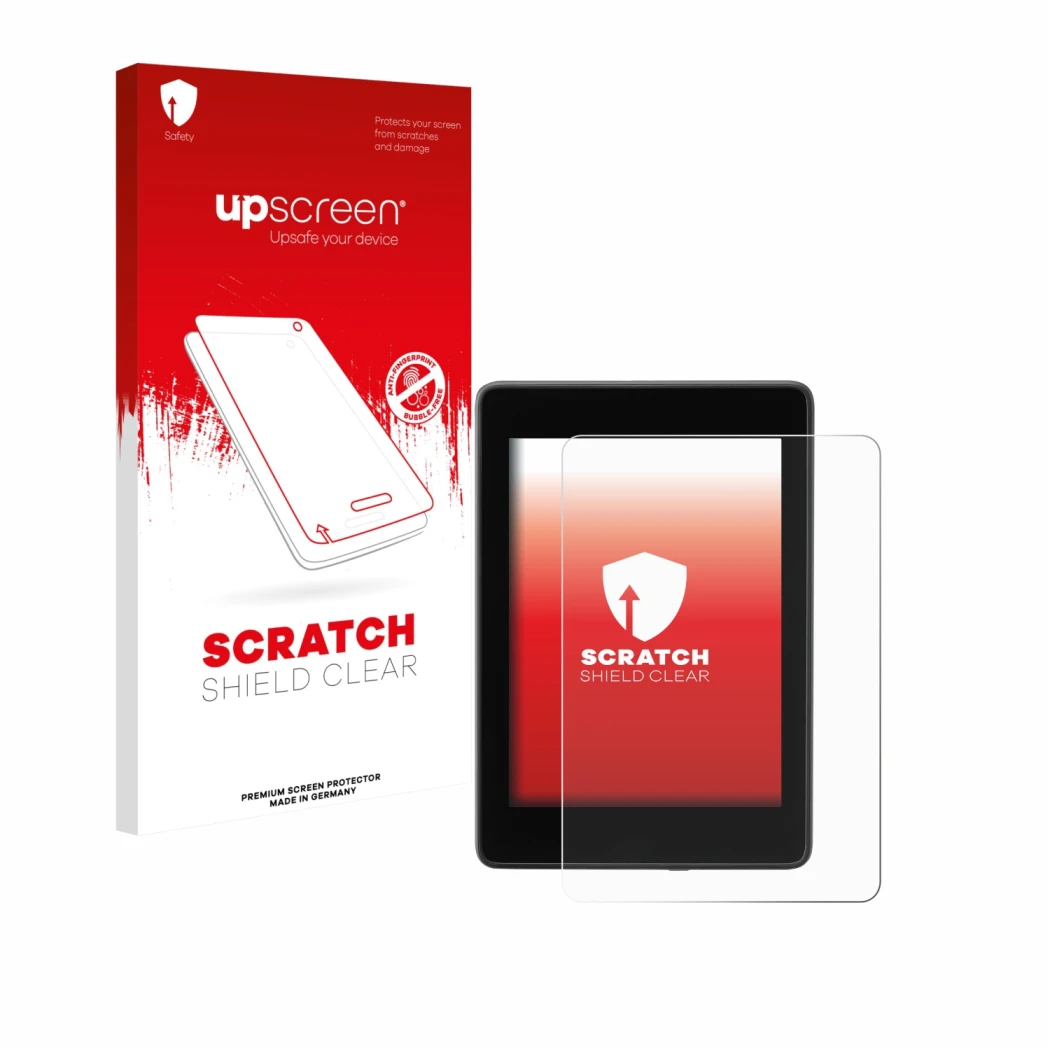 Parte frontal de un envase de producto con el logotipo de la marca upscreen. Al lado se muestra el dispositivo Amazon Kindle P