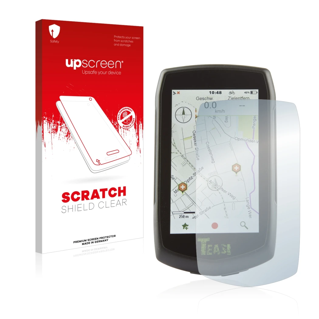 Parte frontal de un envase de producto con el logotipo de la marca upscreen. Al lado se muestra el dispositivo A-Rival Teasi O