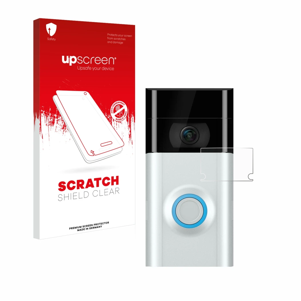 Parte frontal de un envase de producto con el logotipo de la marca upscreen. Al lado se muestra el dispositivo Ring Doorbell 2
