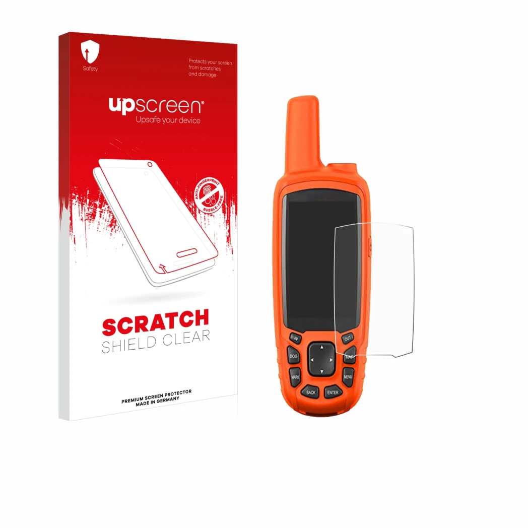 Parte frontal de un envase de producto con el logotipo de la marca upscreen. Al lado se muestra el dispositivo Garmin Astro 43