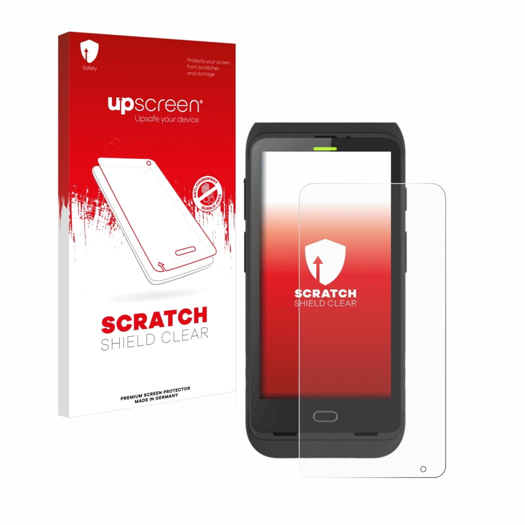 Parte frontal de un envase de producto con el logotipo de la marca upscreen. Al lado se muestra el dispositivo Honeywell Dolph
