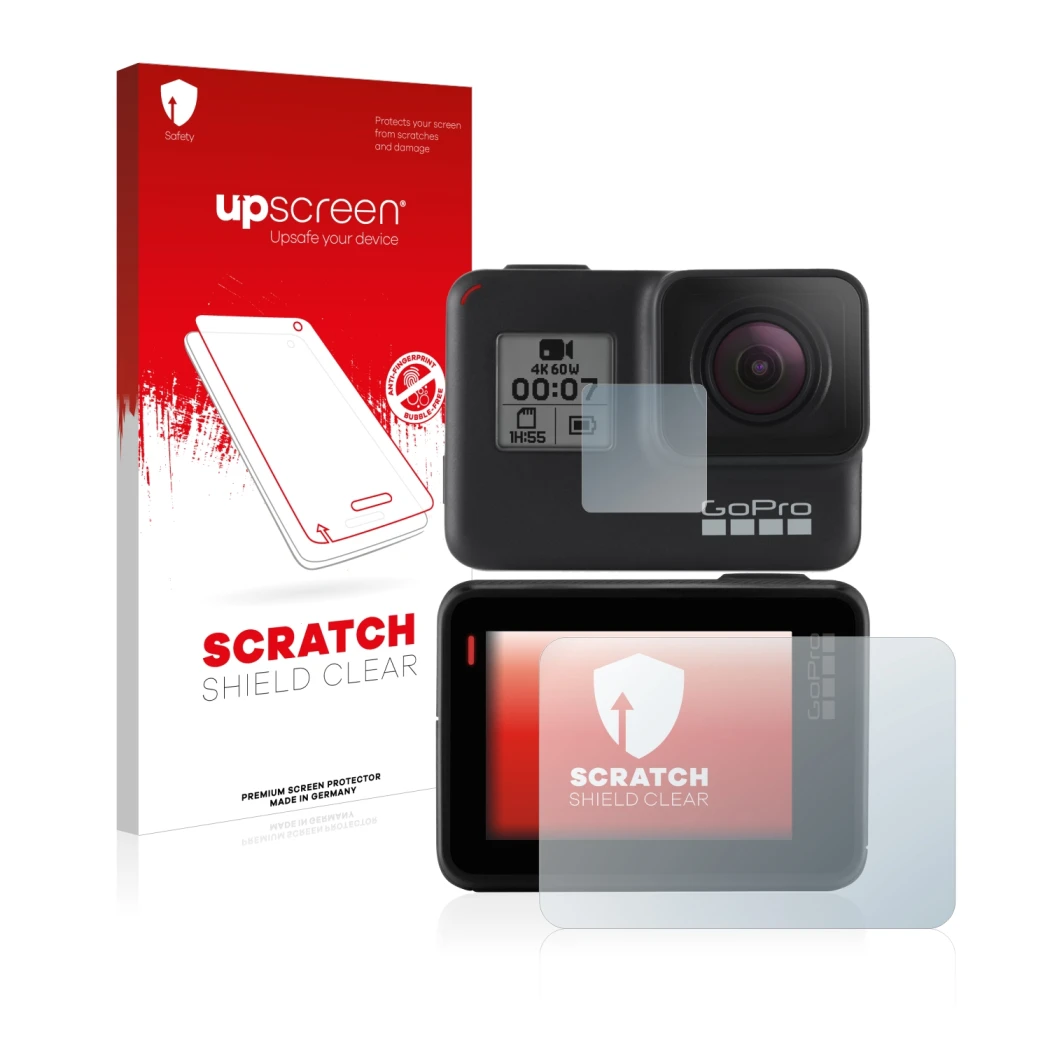 Parte frontal de un envase de producto con el logotipo de la marca upscreen. Al lado se muestra el dispositivo GoPro Hero 7 Bl