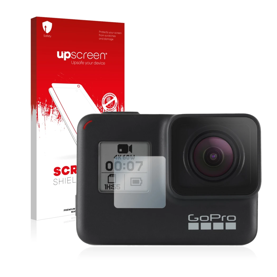 Parte frontal de un envase de producto con el logotipo de la marca upscreen. Al lado se muestra el dispositivo GoPro Hero 7 Bl