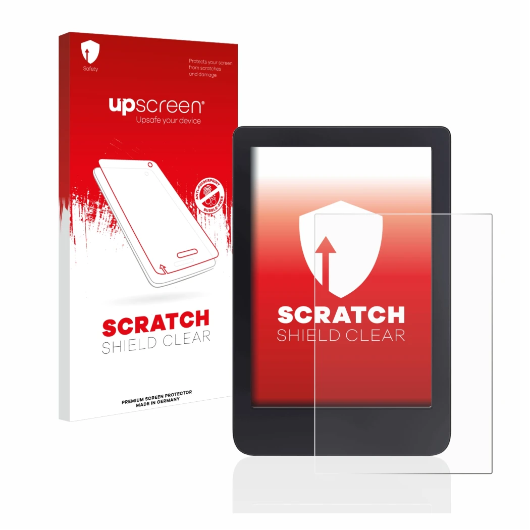 Parte frontal de un envase de producto con el logotipo de la marca upscreen. Al lado se muestra el dispositivo Tolino Shine 3 