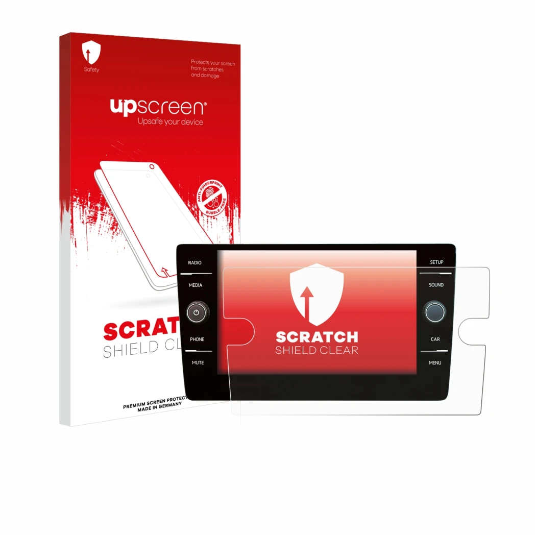 Parte frontal de un envase de producto con el logotipo de la marca upscreen. Al lado se muestra el dispositivo Volkswagen Golf