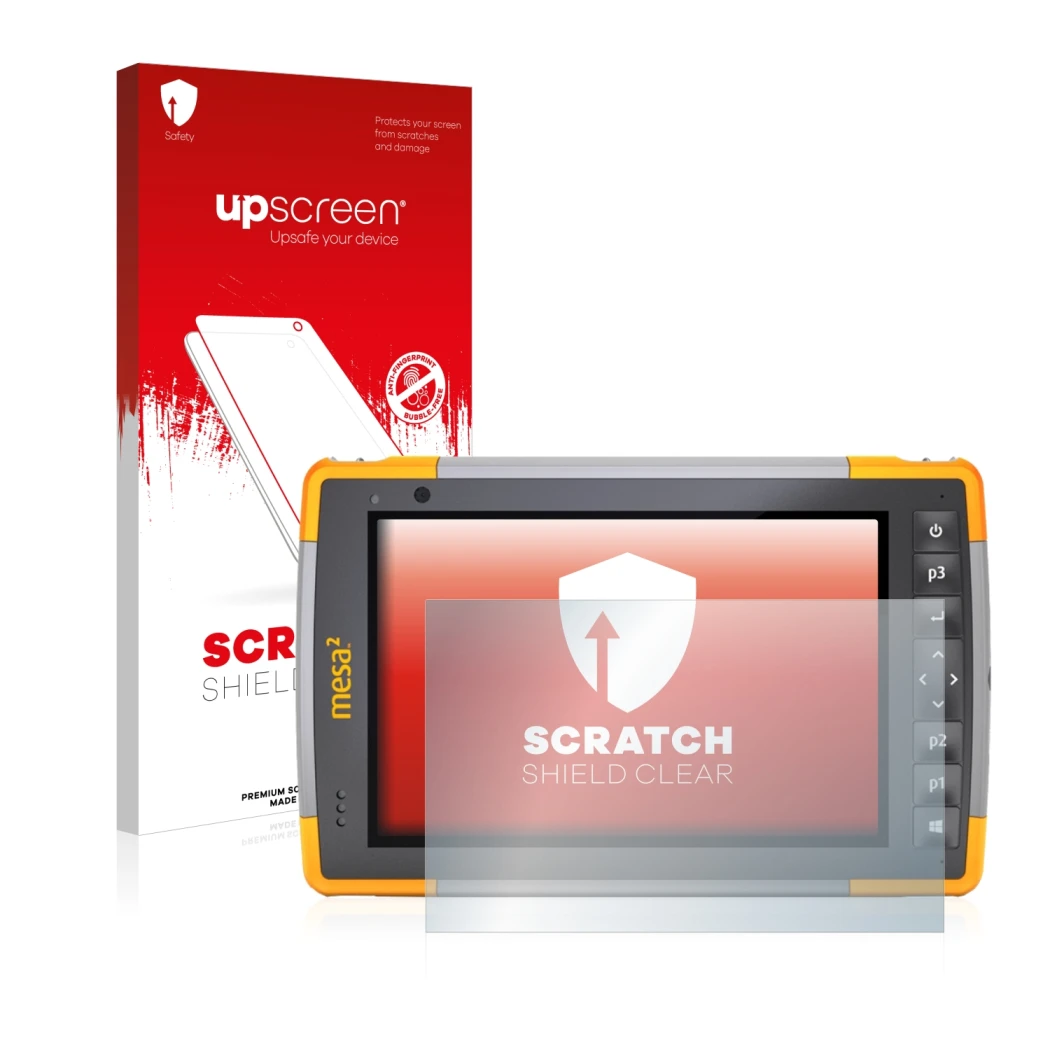 Parte frontal de un envase de producto con el logotipo de la marca upscreen. Al lado se muestra el dispositivo Juniper Systems