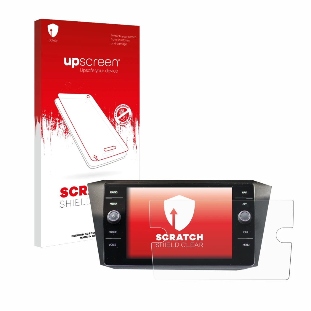 Parte frontal de un envase de producto con el logotipo de la marca upscreen. Al lado se muestra el dispositivo Volkswagen Tigu