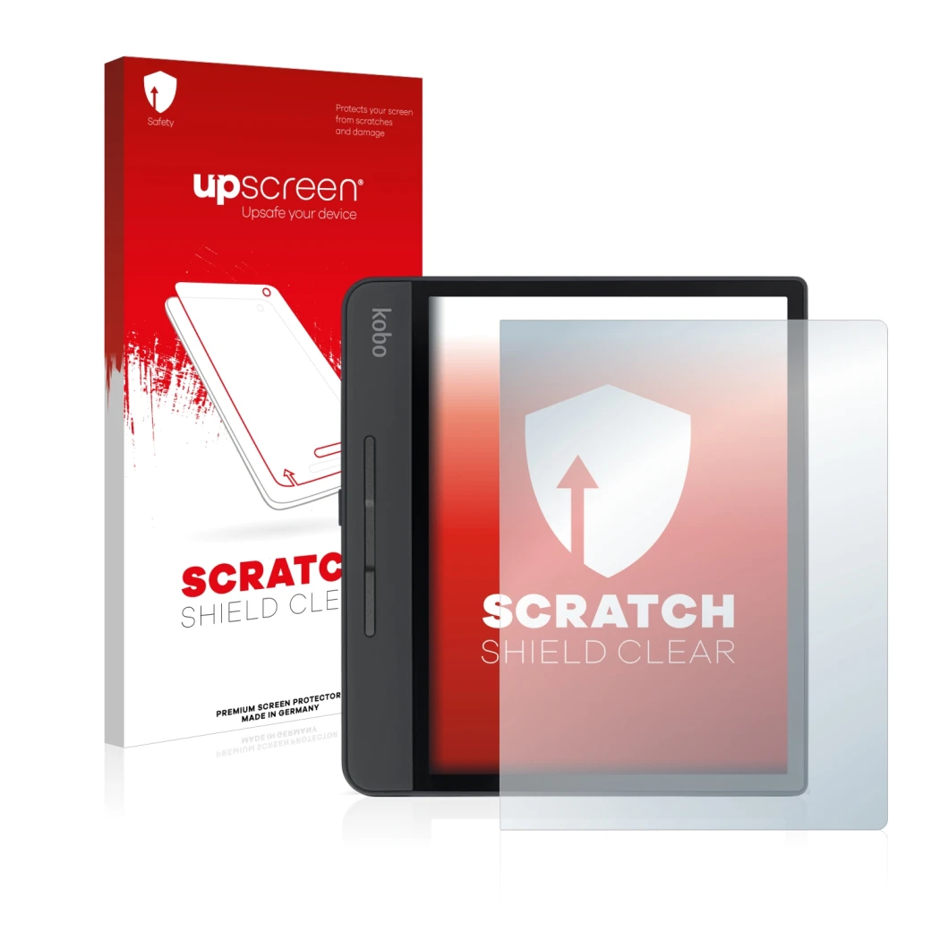 Parte frontal de un envase de producto con el logotipo de la marca upscreen. Al lado se muestra el dispositivo Kobo Forma con
