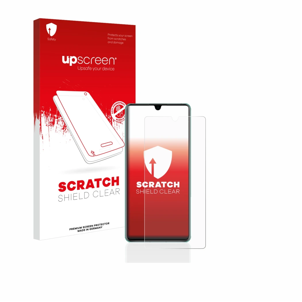 Parte frontal de un envase de producto con el logotipo de la marca upscreen. Al lado se muestra el dispositivo Huawei P30 con