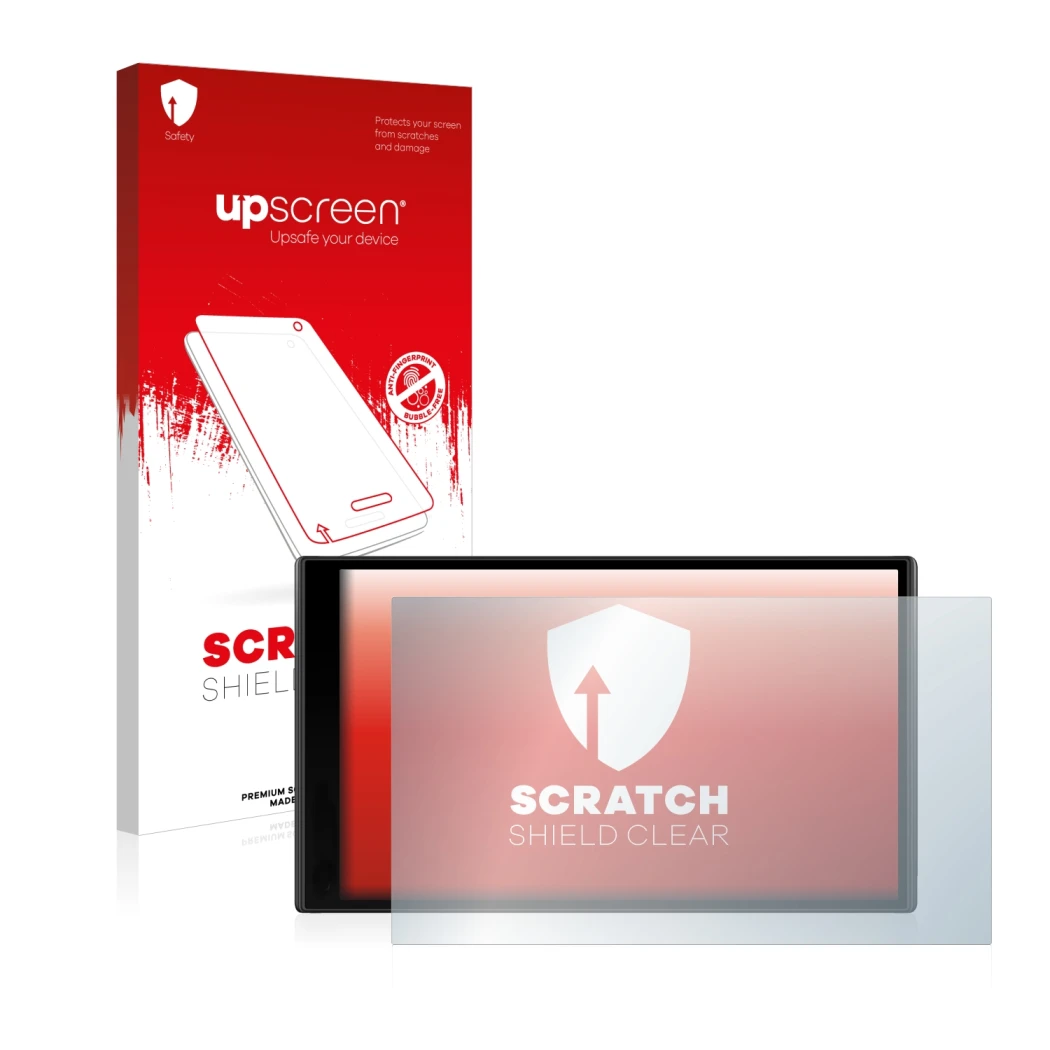 Parte frontal de un envase de producto con el logotipo de la marca upscreen. Al lado se muestra el dispositivo Garmin DriveSma