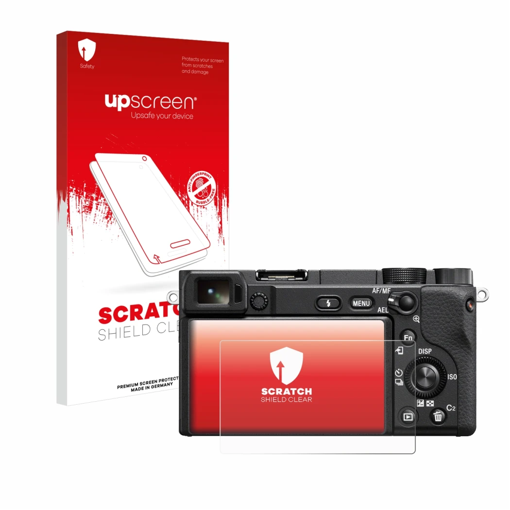 Parte frontal de un envase de producto con el logotipo de la marca upscreen. Al lado se muestra el dispositivo Sony Alpha 6400