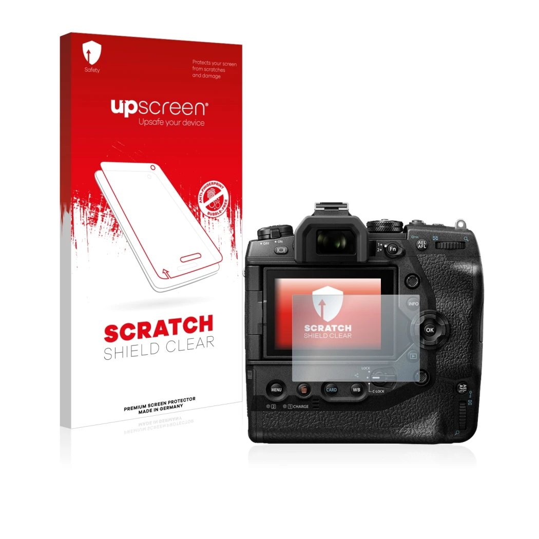 Parte frontal de un envase de producto con el logotipo de la marca upscreen. Al lado se muestra el dispositivo Olympus OM-D E-