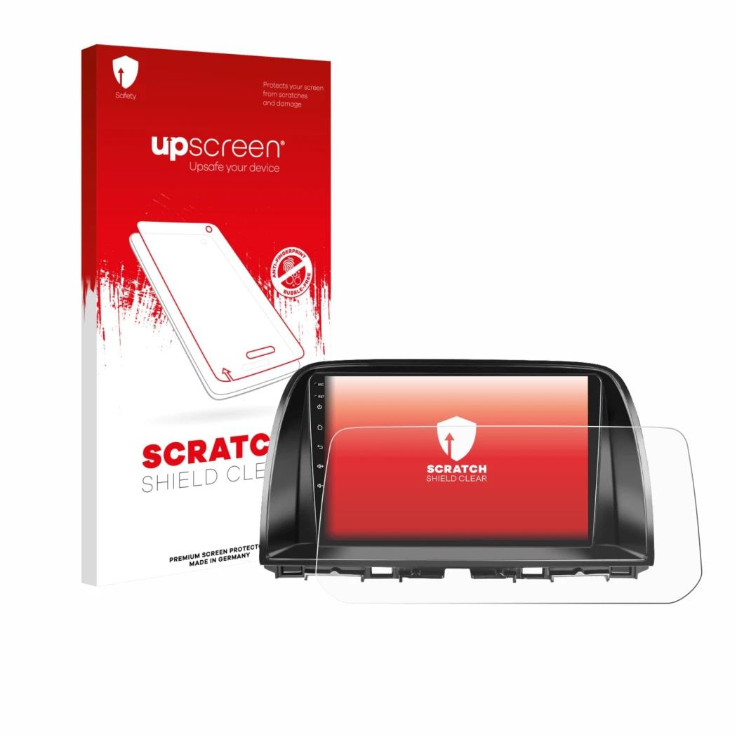 Parte frontal de un envase de producto con el logotipo de la marca upscreen. Al lado se muestra el dispositivo Mazda CX-5 2017