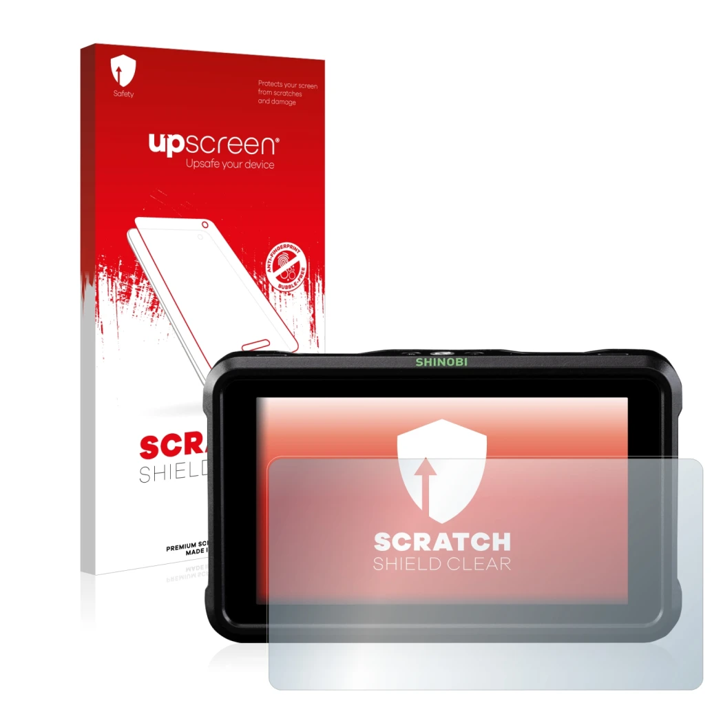 Parte frontal de un envase de producto con el logotipo de la marca upscreen. Al lado se muestra el dispositivo Atomos Shinobi 