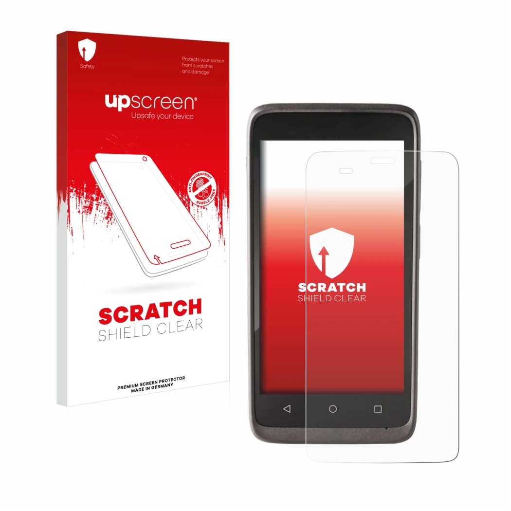 Parte frontal de un envase de producto con el logotipo de la marca upscreen. Al lado se muestra el dispositivo Honeywell ScanP