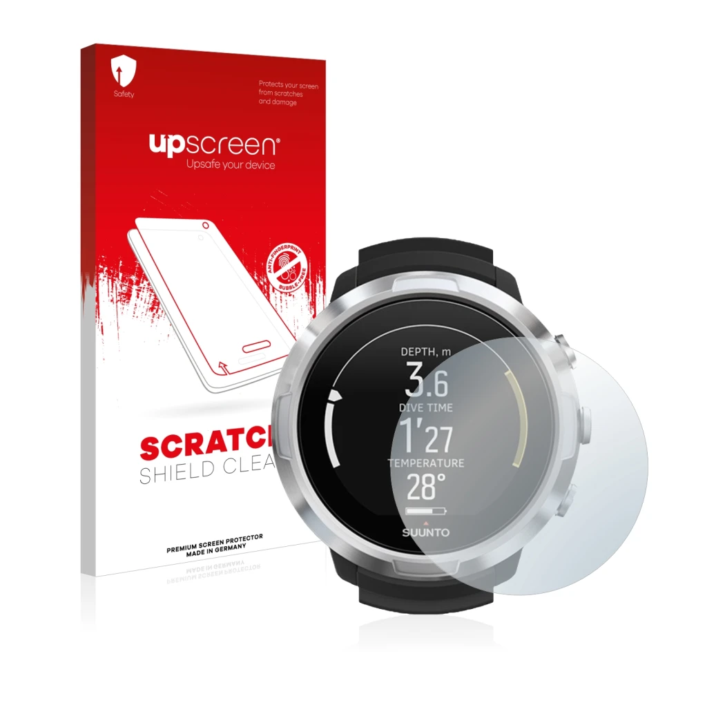 Parte frontal de un envase de producto con el logotipo de la marca upscreen. Al lado se muestra el dispositivo Suunto D6 Suppo