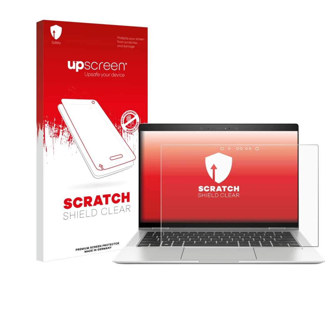 Parte frontal de un envase de producto con el logotipo de la marca upscreen. Al lado se muestra el dispositivo HP EliteBook x3