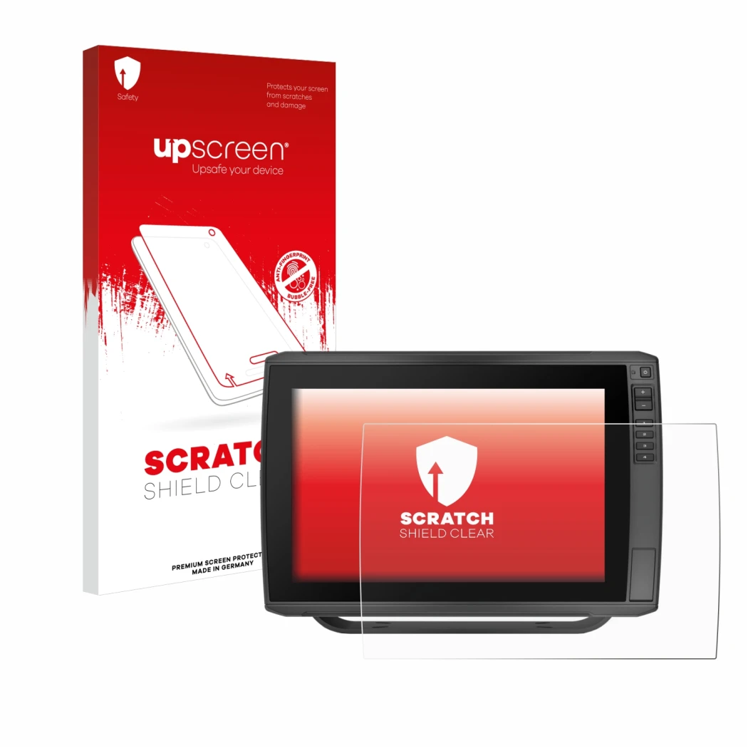 Parte frontal de un envase de producto con el logotipo de la marca upscreen. Al lado se muestra el dispositivo Garmin ECHOMAP