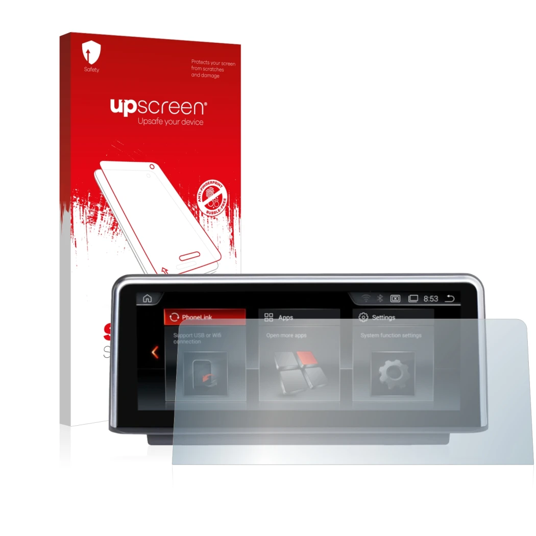 Parte frontal de un envase de producto con el logotipo de la marca upscreen. Al lado se muestra el dispositivo NaviFly Android