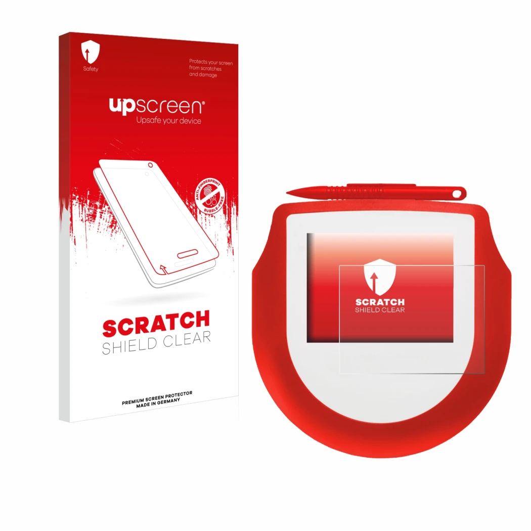 Parte frontal de un envase de producto con el logotipo de la marca upscreen. Al lado se muestra el dispositivo Signotec Signat