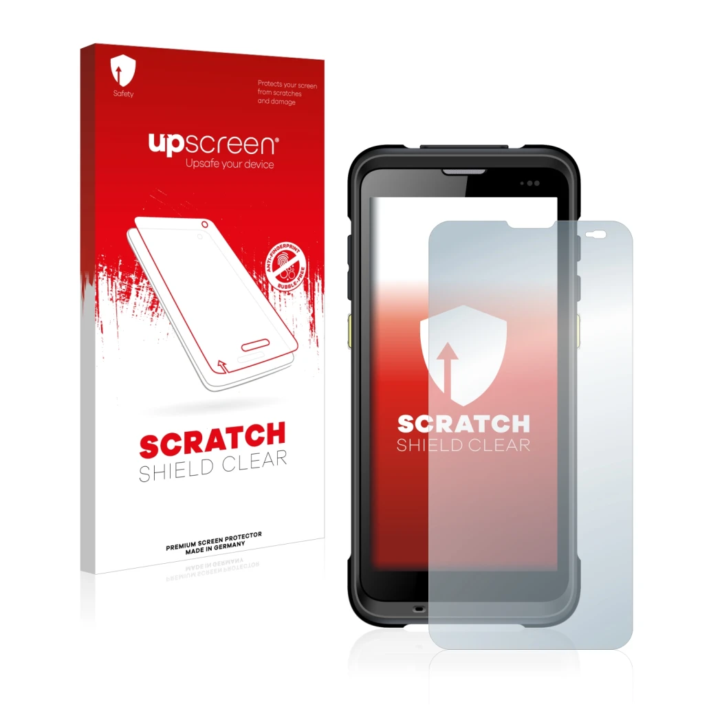 Parte frontal de un envase de producto con el logotipo de la marca upscreen. Al lado se muestra el dispositivo Chainway C66 co