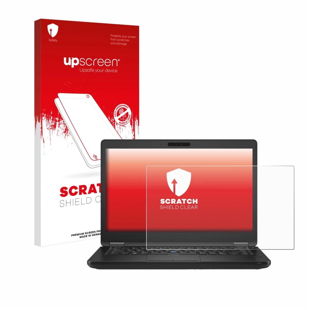 Parte frontal de un envase de producto con el logotipo de la marca upscreen. Al lado se muestra el dispositivo Dell Latitude 5