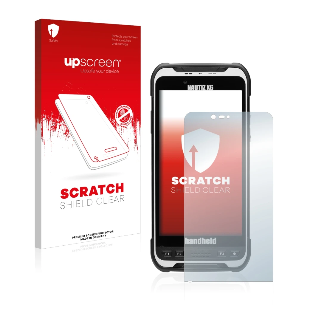 Parte frontal de un envase de producto con el logotipo de la marca upscreen. Al lado se muestra el dispositivo Handheld Nautiz