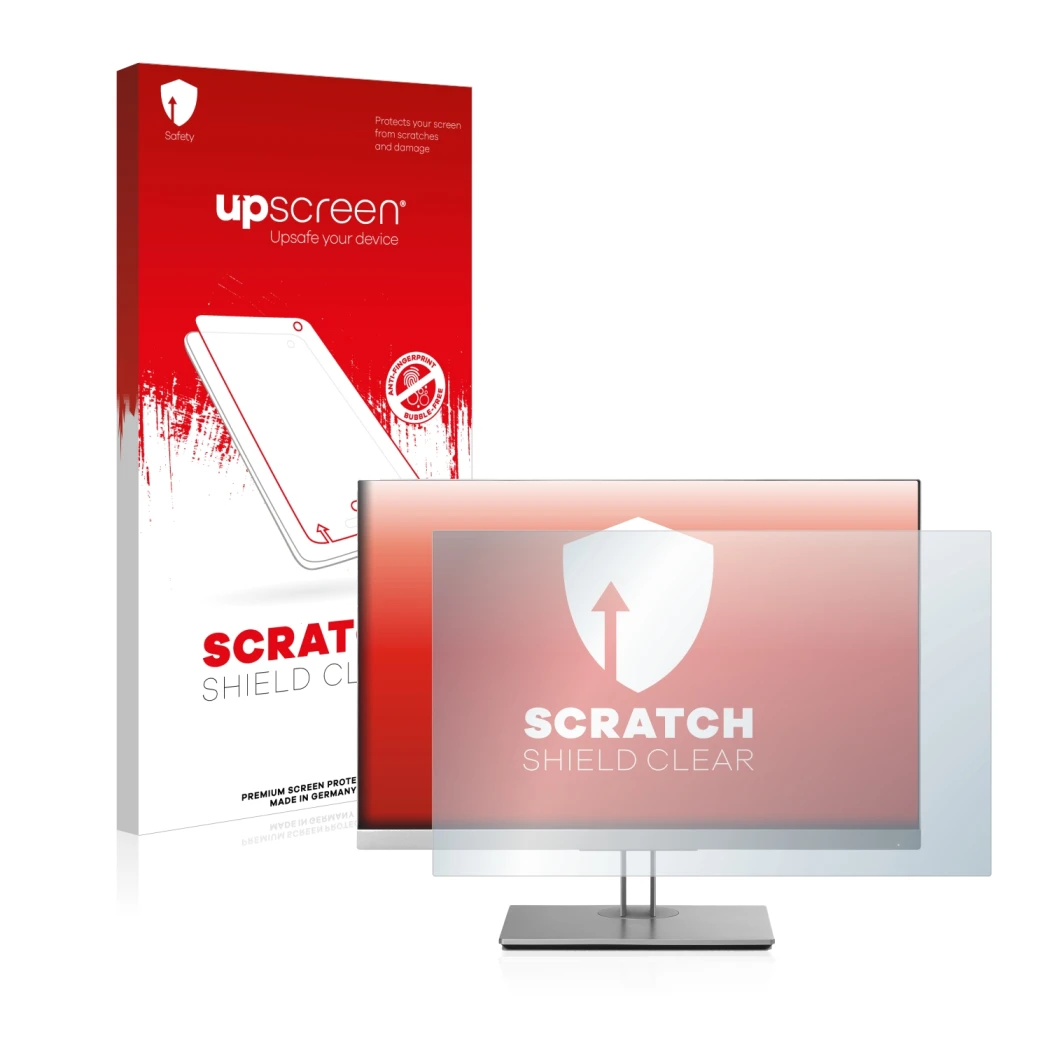 Parte frontal de un envase de producto con el logotipo de la marca upscreen. Al lado se muestra el dispositivo HP EliteDisplay