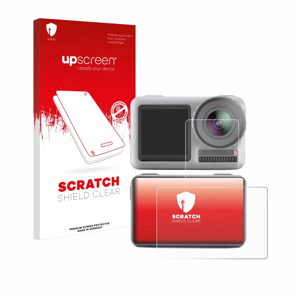 Parte frontal de un envase de producto con el logotipo de la marca upscreen. Al lado se muestra el dispositivo DJI Osmo Action