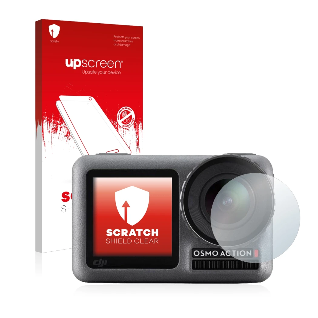 Parte frontal de un envase de producto con el logotipo de la marca upscreen. Al lado se muestra el dispositivo DJI Osmo Action