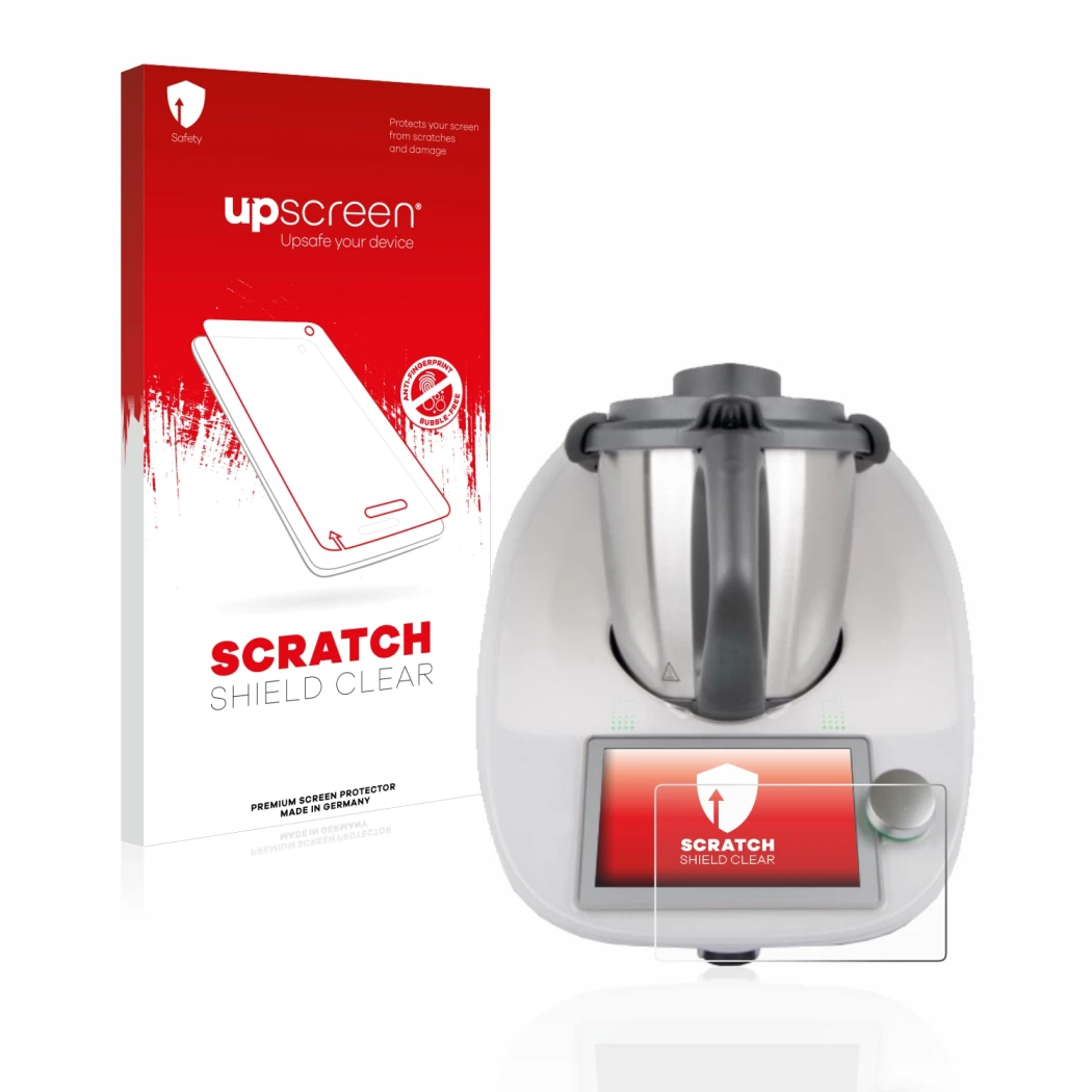 Parte frontal de un envase de producto con el logotipo de la marca upscreen. Al lado se muestra el dispositivo Vorwerk Bimby T