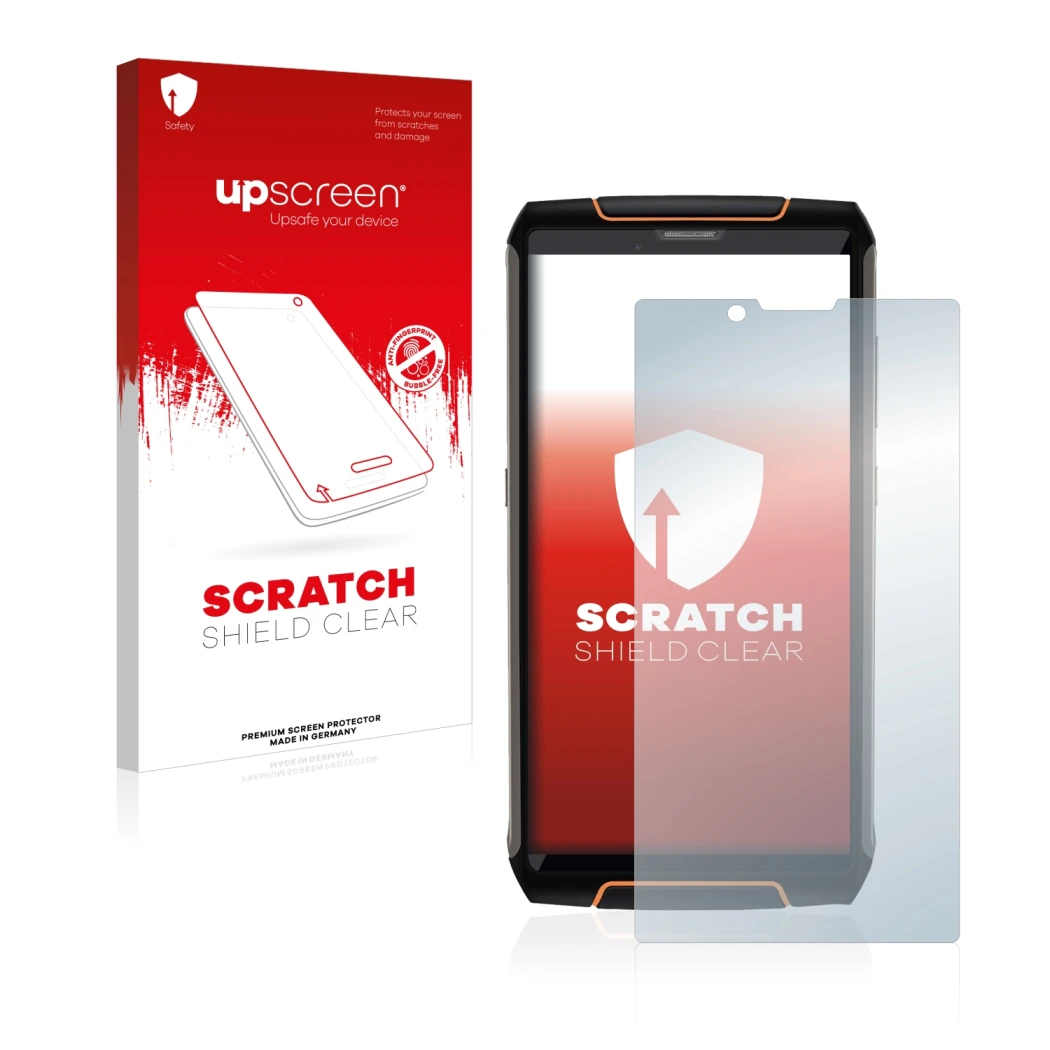 Parte frontal de un envase de producto con el logotipo de la marca upscreen. Al lado se muestra el dispositivo Cubot King Kong